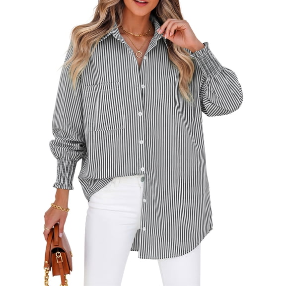 Fantaslook Striped Button Down Shirts for Women Smocked Cuffed Trendy Blouse Causal Long Sleeve Tops with Pocket