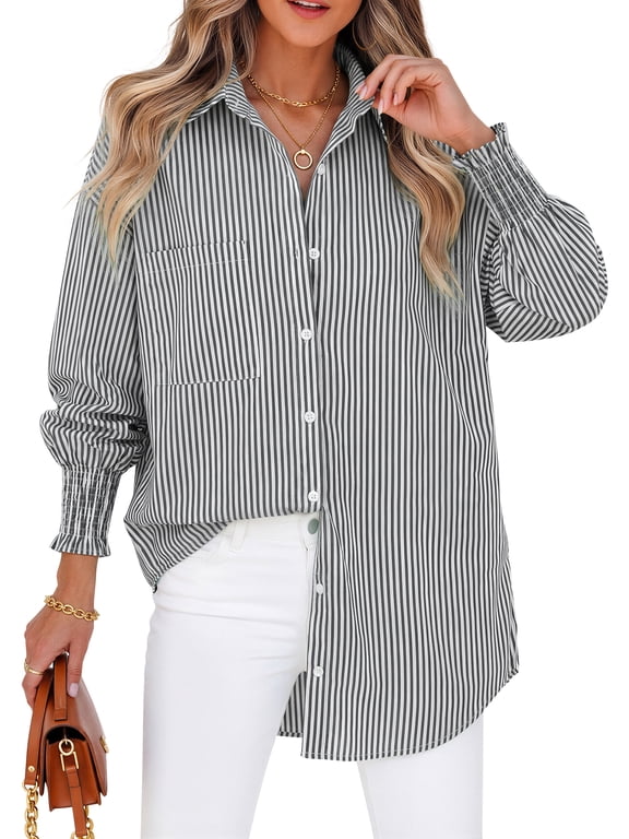 Striped Button Down Shirts for Women Smocked Cuffed Trendy Blouse Causal Long Sleeve Tops with Pocket