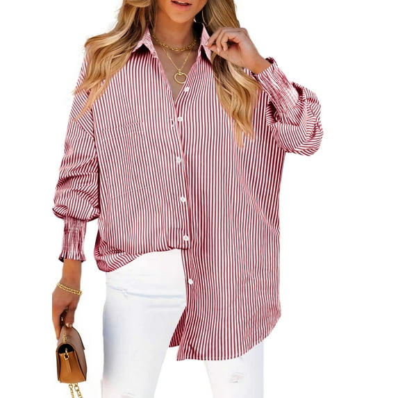 Fantaslook Striped Button Down Shirts for Women Smocked Cuffed Trendy Blouse Causal Long Sleeve Tops with Pocket