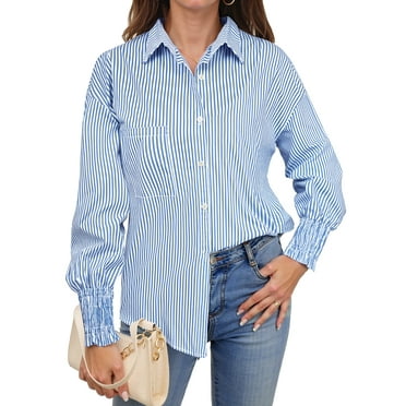 Fantaslook Striped Button Down Shirts for Women Smocked Cuffed Trendy Blouse Causal Long Sleeve Tops with Pocket