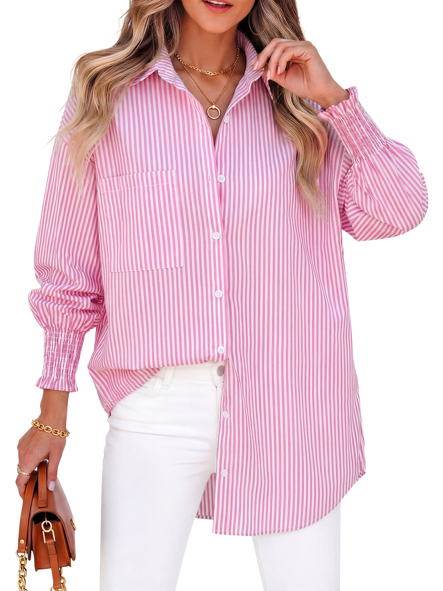 Fantaslook Striped Button Down Shirt, Smocked Cuffed, Long Sleeve 