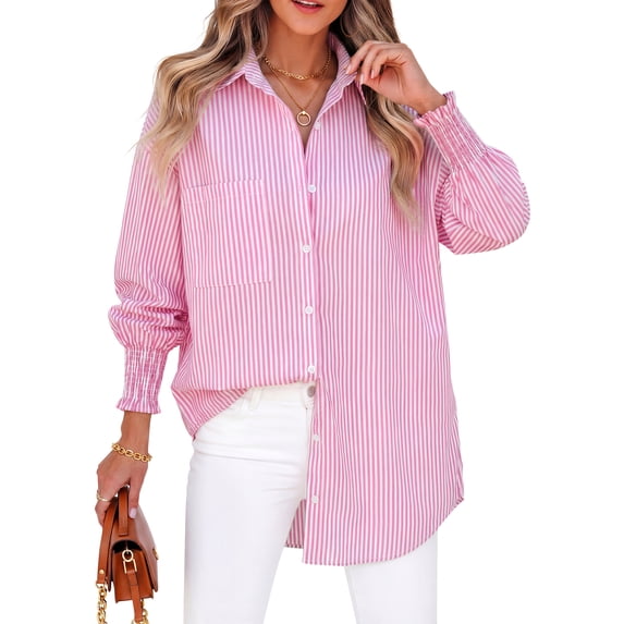 Fantaslook Striped Button Down Shirts for Women Smocked Cuffed Trendy Blouse Causal Long Sleeve Tops with Pocket