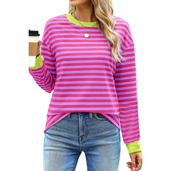 Fantaslook Striped Long Sleeve Shirts for Women Crewneck Tunic Tops Color Block Blouses Fall Pullover