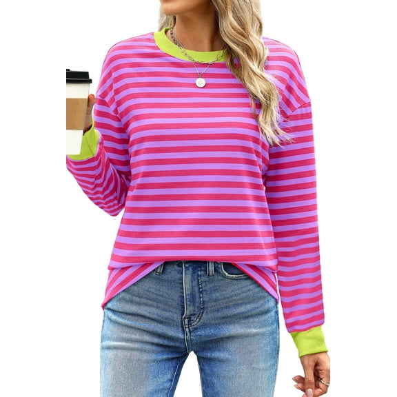 Fantaslook Striped Long Sleeve Shirts for Women Crewneck Tunic Tops Color Block Blouses Fall Pullover