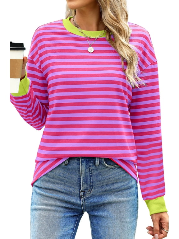 Striped Long Sleeve Shirts for Women Crewneck Tunic Tops Color Block Blouses Fall Pullover