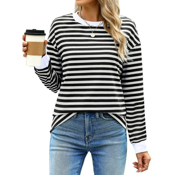 Fantaslook Striped Long Sleeve Shirts for Women Crewneck Tunic Tops Color Block Blouses Fall Pullover