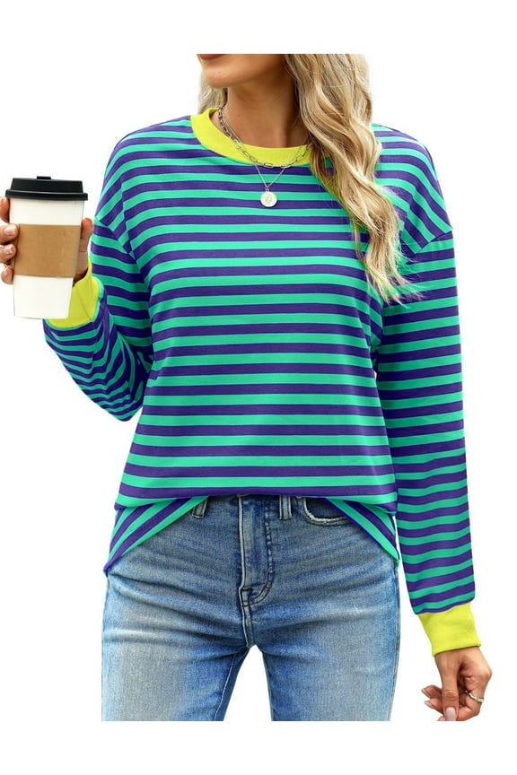 Striped Long Sleeve Shirts for Women Crewneck Tunic Tops Color Block Blouses Fall Pullover