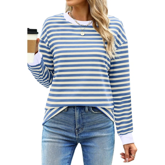 Fantaslook Striped Long Sleeve Shirts for Women Crewneck Tunic Tops Color Block Blouses Fall Pullover
