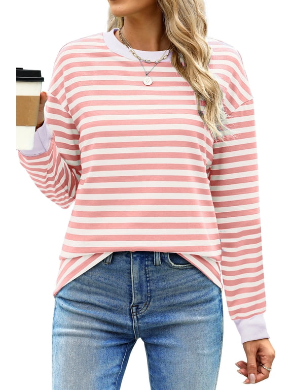 Striped Long Sleeve Shirts for Women Crewneck Tunic Tops Color Block Blouses Fall Pullover