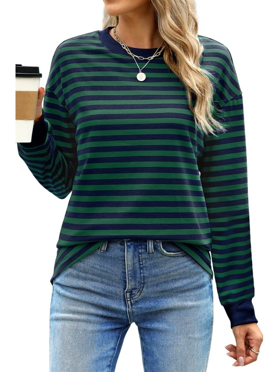 Striped Long Sleeve Shirts for Women Crewneck Tunic Tops Color Block Blouses Fall Pullover