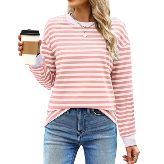 Fantaslook women's striped long sleeve crewneck tunic top in white, XL size XL, with color block design