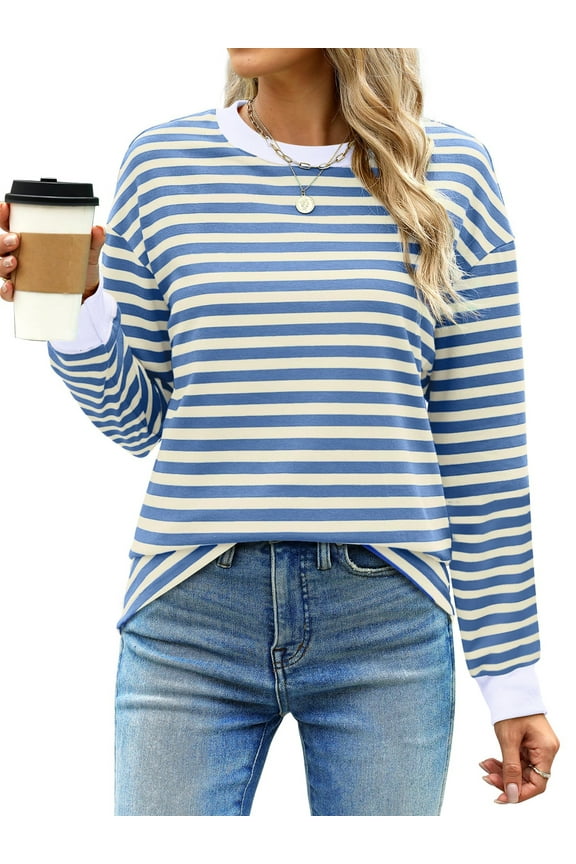 Striped Long Sleeve Shirts for Women Crewneck Tunic Tops Color Block Blouses Fall Pullover