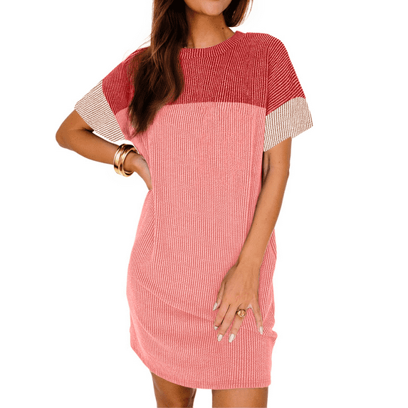 Fantaslook Summer Color Block Dresses for Women Crewneck Short Sleeve T shirts Dress Ribbed Dresses with Pockets