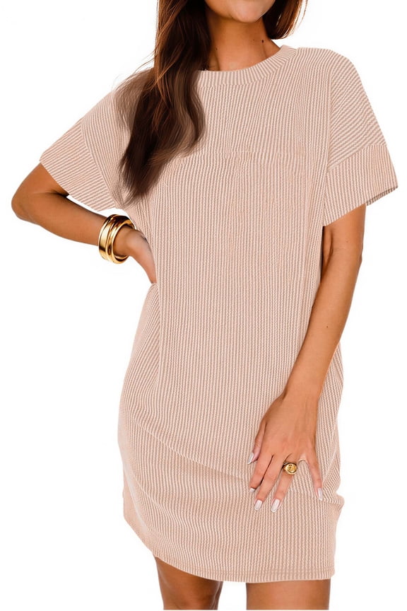 Summer Color Block Dresses for Women Crewneck Short Sleeve T shirts Dress Ribbed Dresses with Pockets