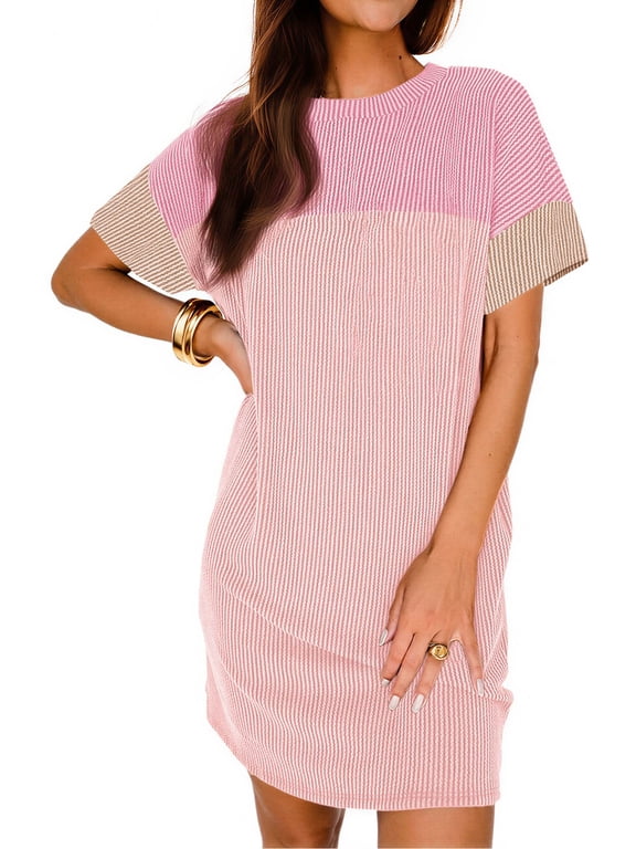 Summer Color Block Dresses for Women Crewneck Short Sleeve T shirts Dress Ribbed Dresses with Pockets