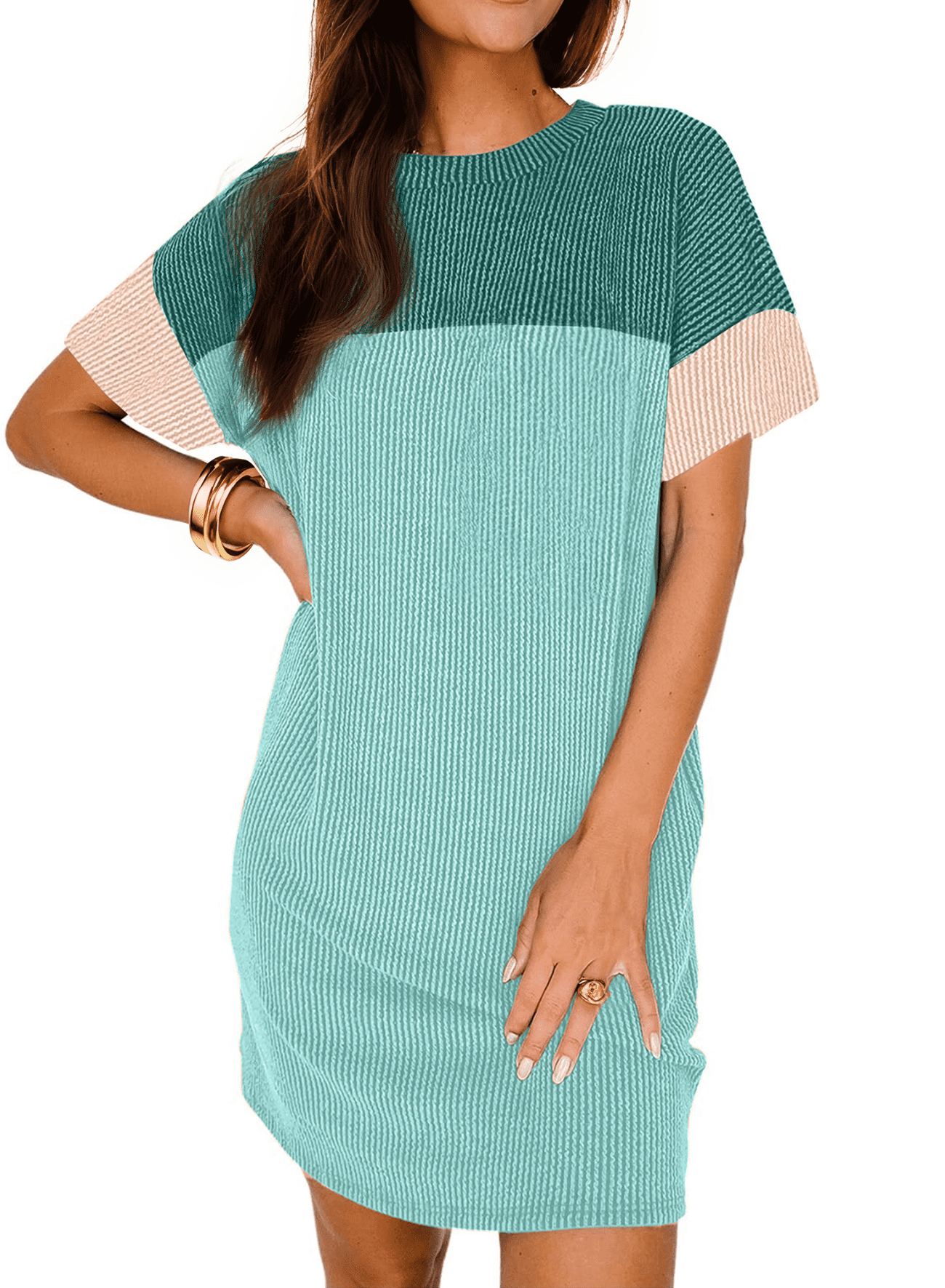 Fantaslook Summer Color Block Dresses for Women Crewneck Short Sleeve T shirts Dress Ribbed Dresses with Pockets