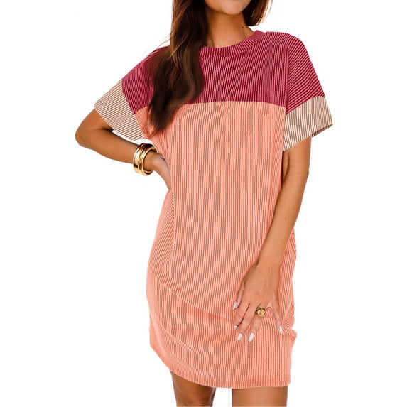Fantaslook Summer Color Block Dresses for Women Crewneck Short Sleeve T shirts Dress Ribbed Dresses with Pockets