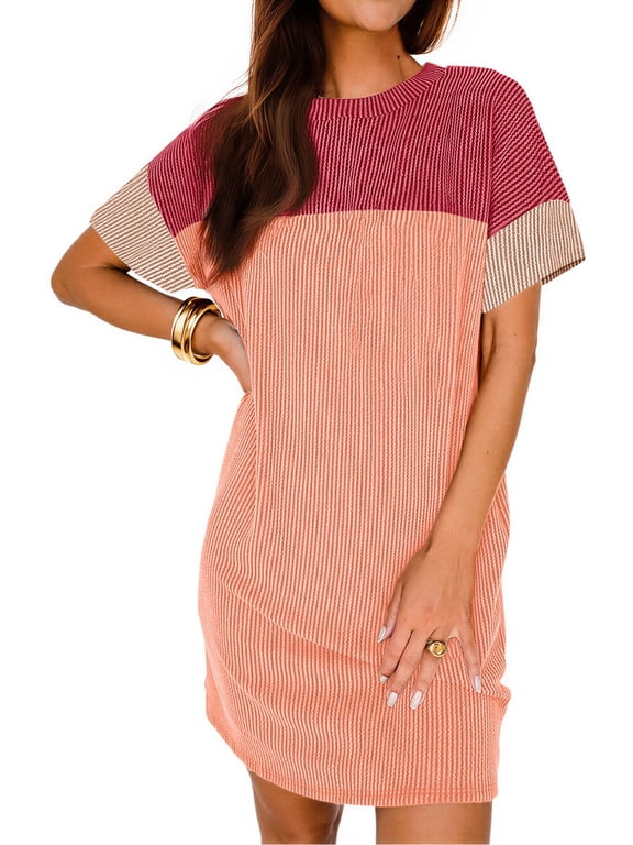 Summer Color Block Dresses for Women Crewneck Short Sleeve T shirts Dress Ribbed Dresses with Pockets