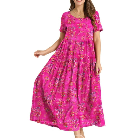 Fantaslook Summer Dresses for Women Casual Loose Maxi Bohemian Floral Dress Short Sleeve Beach Long Swing Dress