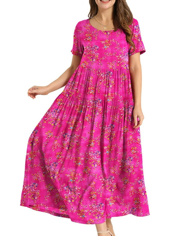 Fantaslook Summer Dresses for Women Casual Loose Maxi Bohemian Floral Dress Short Sleeve Beach Long Swing Dress