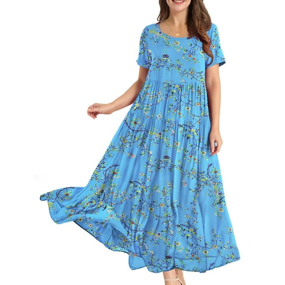 Fantaslook Summer Dresses for Women Casual Loose Maxi Bohemian Floral Dress Short Sleeve Beach Long Swing Dress