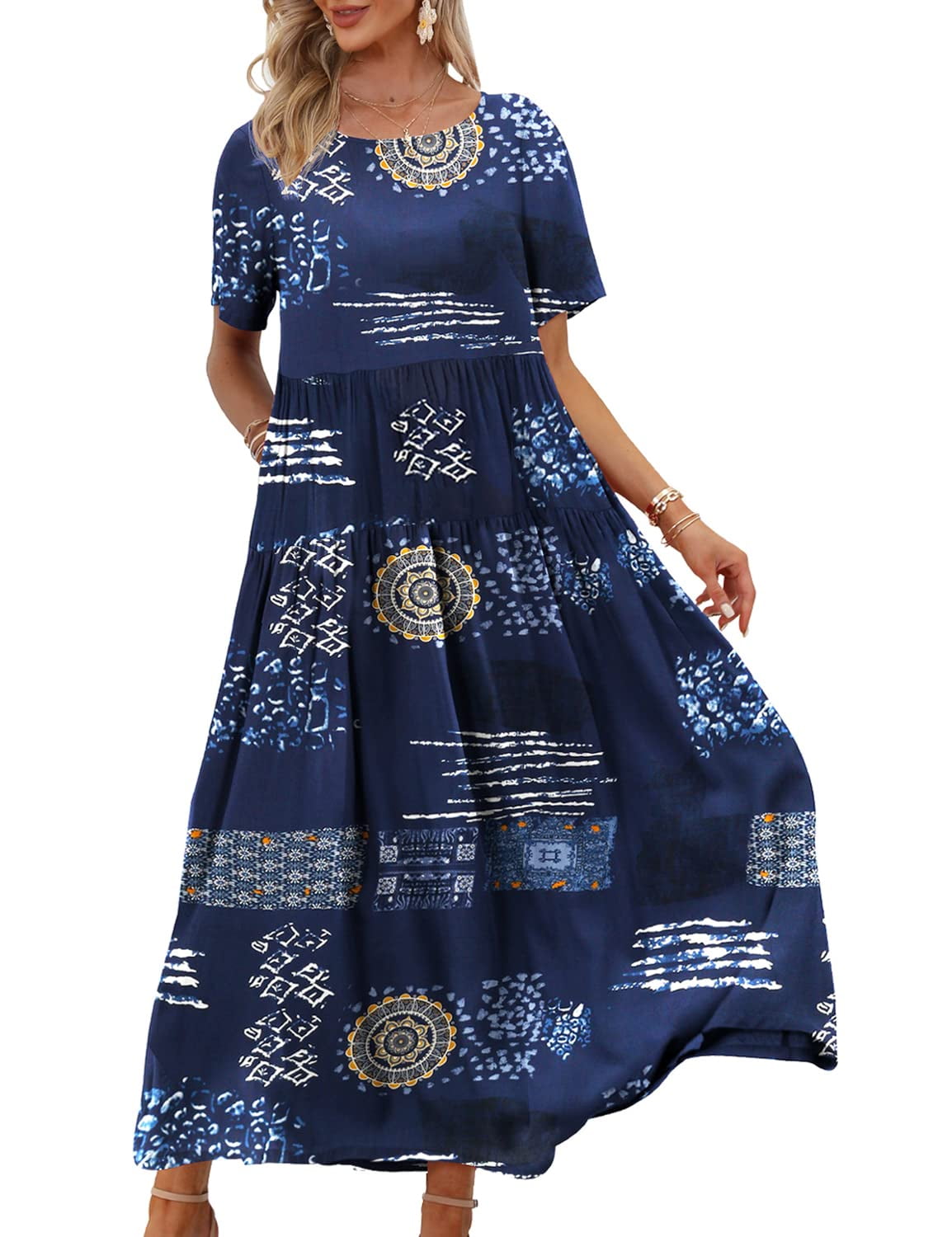 Women's Mexican Embroidered Dress - Bohemian Floral Maxi, Short Sleeve, Cotton - View #7