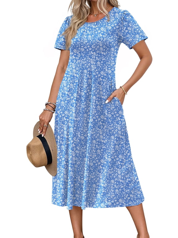 Summer Dresses for Women Casual Short Sleeve Pleated Dress Flowy Floral Dress with Pockets Flare Midi Sundress