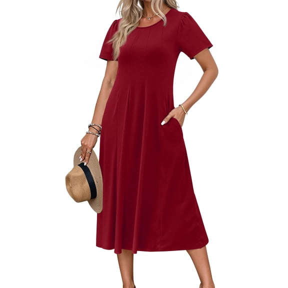 Fantaslook Summer Dresses for Women Casual Short Sleeve Pleated Dress Flowy Floral Dress with Pockets Flare Midi Sundress