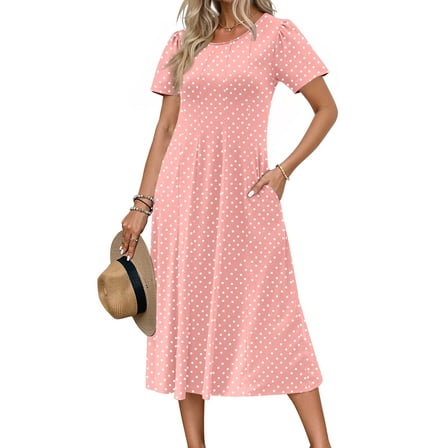 Fantaslook Summer Dresses for Women Casual Short Sleeve Pleated Dress Flowy Floral Dress with Pockets Flare Midi Sundress