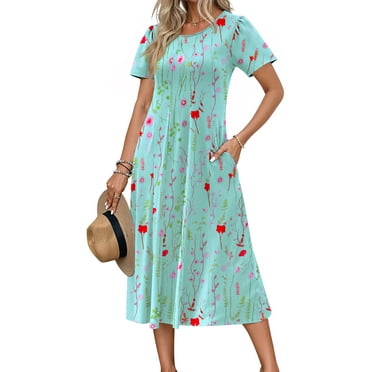 Fantaslook Summer Dresses for Women Casual Short Sleeve Pleated Dress Flowy Floral Dress with Pockets Flare Midi Sundress
