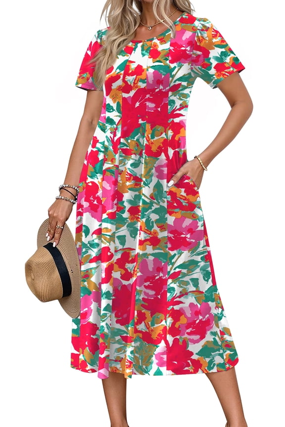 Summer Dresses for Women Casual Short Sleeve Pleated Dress Flowy Floral Dress with Pockets Flare Midi Sundress