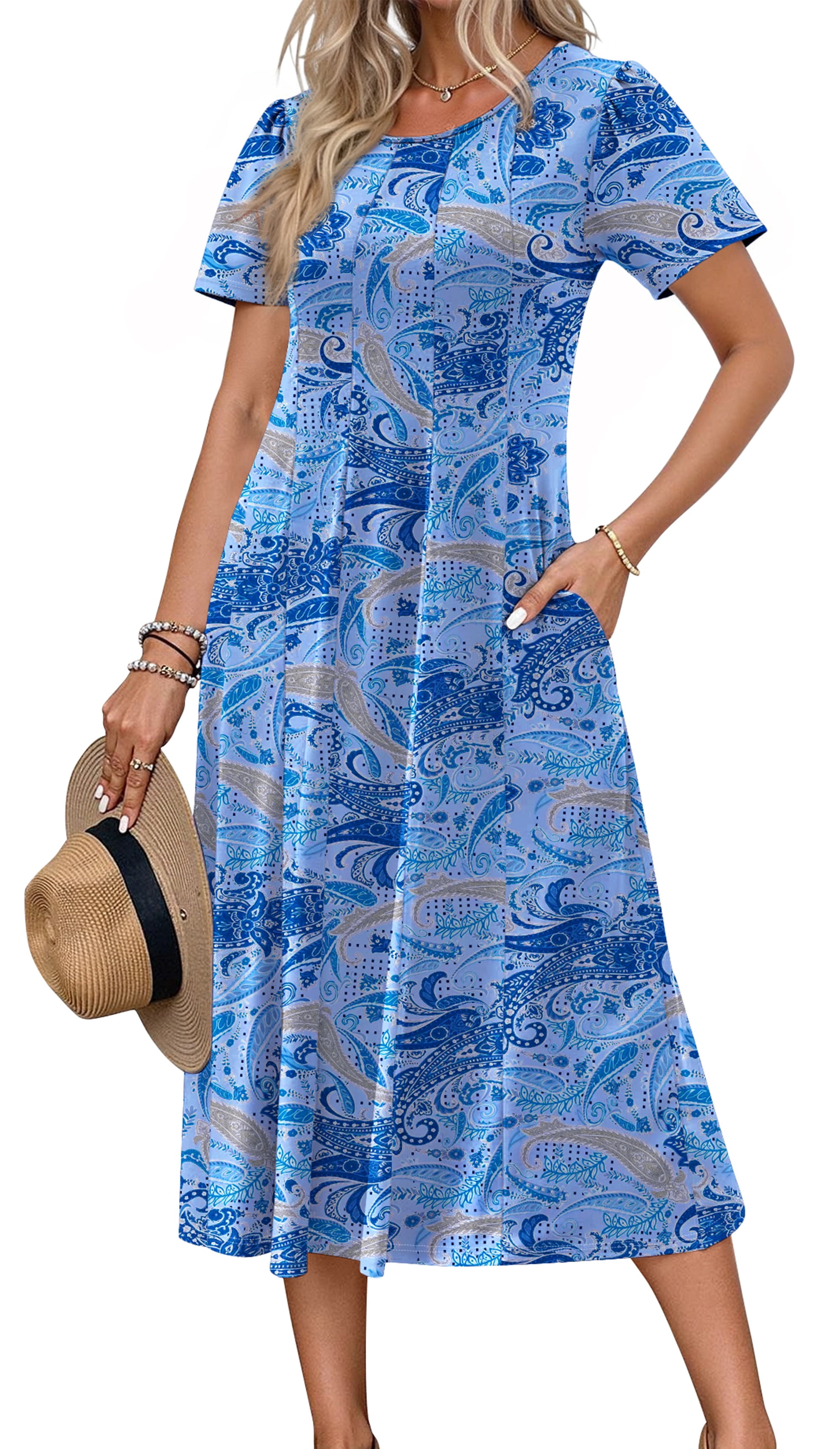 Fantaslook Summer Dresses for Women Casual Short Sleeve Pleated Dress Flowy Floral Dress with Pockets Flare Midi Sundress Fantaslook Summer Dresses for Women Casual Short Sleeve Pleated Dress Flowy Floral Dress with Pockets Flare Midi Sundress