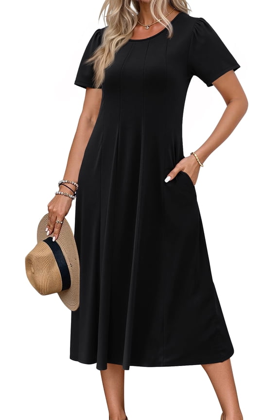 Summer Dresses for Women Casual Short Sleeve Pleated Dress Flowy Floral Dress with Pockets Flare Midi Sundress