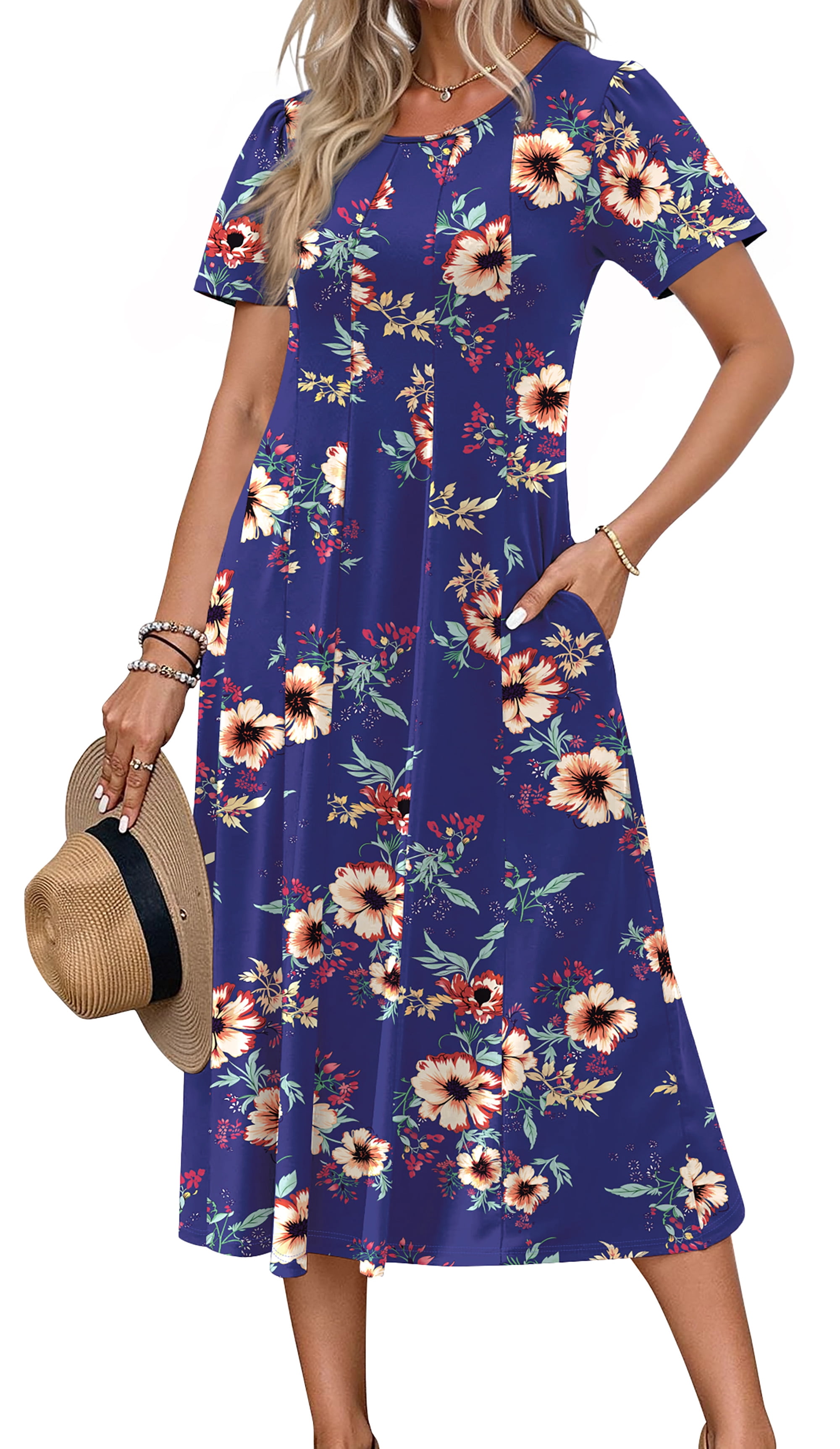 Fantaslook Summer Dresses for Women Casual Short Sleeve Pleated Dress Flowy Floral Dress with Pockets Flare Midi Sundress