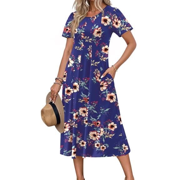 Fantaslook Summer Dresses for Women Casual Short Sleeve Pleated Dress Flowy Floral Dress with Pockets Flare Midi Sundress