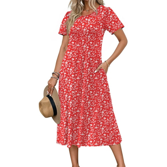 Fantaslook Summer Dresses for Women Casual Short Sleeve Pleated Dress Flowy Floral Dress with Pockets Flare Midi Sundress