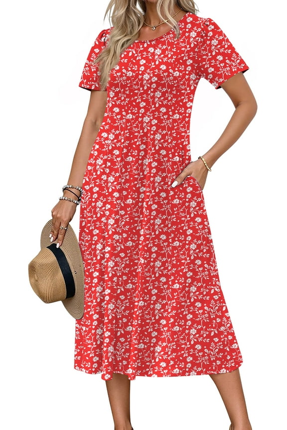 Summer Dresses for Women Casual Short Sleeve Pleated Dress Flowy Floral Dress with Pockets Flare Midi Sundress