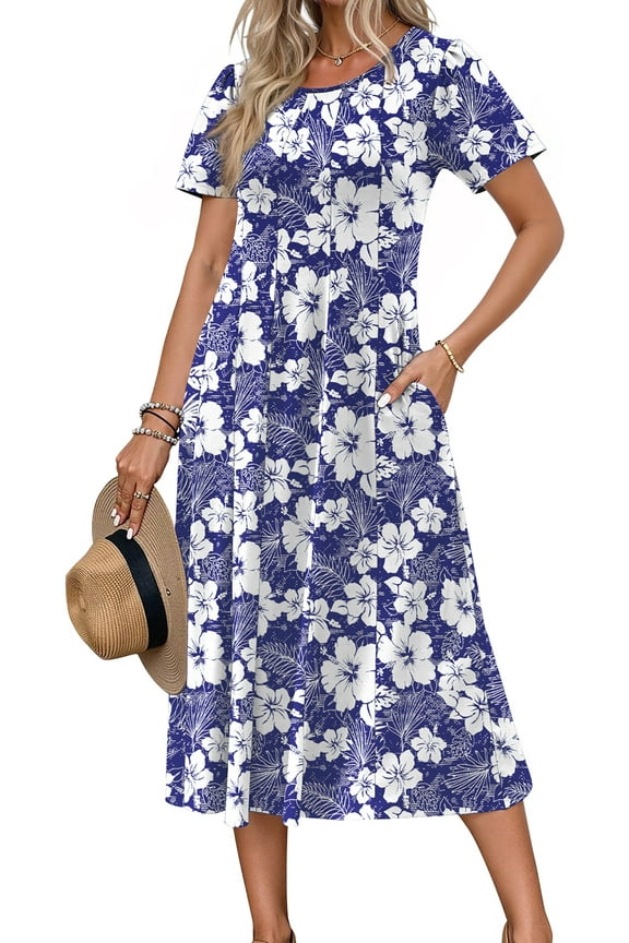 Summer Dresses for Women Casual Short Sleeve Pleated Dress Flowy Floral Dress with Pockets Flare Midi Sundress