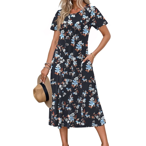 Fantaslook Summer Dresses for Women Casual Short Sleeve Pleated Dress Flowy Floral Dress with Pockets Flare Midi Sundress