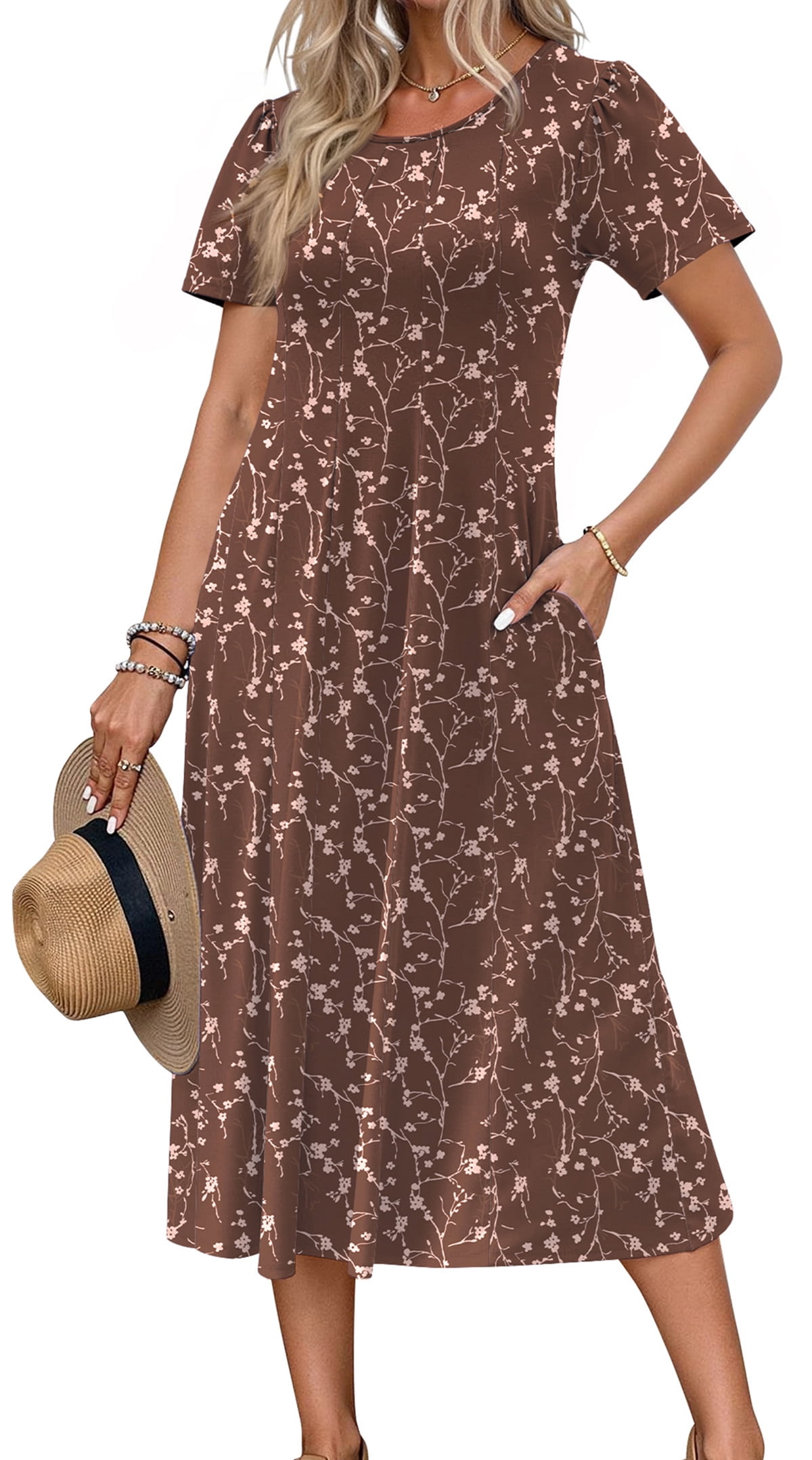 Fantaslook Summer Dresses for Women Casual Short Sleeve Pleated Dress Flowy Floral Dress with Pockets Flare Midi Sundress