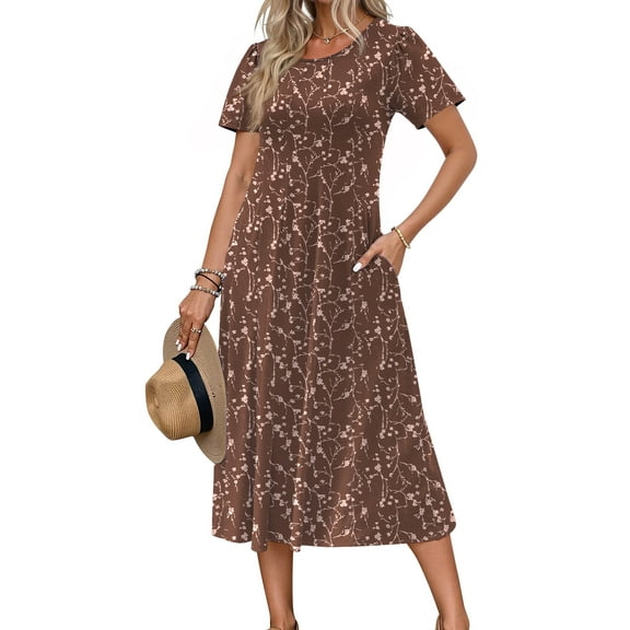 Fantaslook Summer Dresses for Women Casual Short Sleeve Pleated Dress Flowy Floral Dress with Pockets Flare Midi Sundress