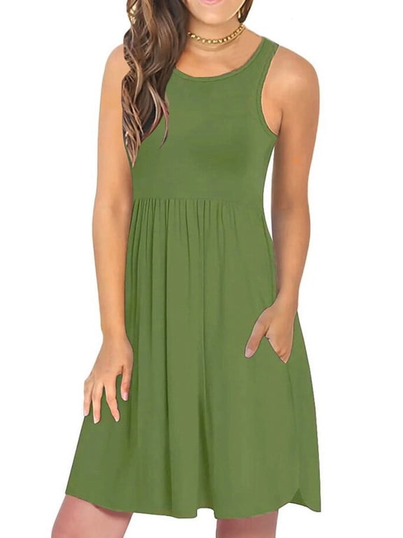 Summer Dresses for Women Casual Stretchy Sun Dress Sleeveless Beach Dresses with Pockets