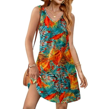 Fantaslook Summer Dresses for Women Casual V Neck Sleeveless Sundresses Floral Beach Short Dress with Pockets