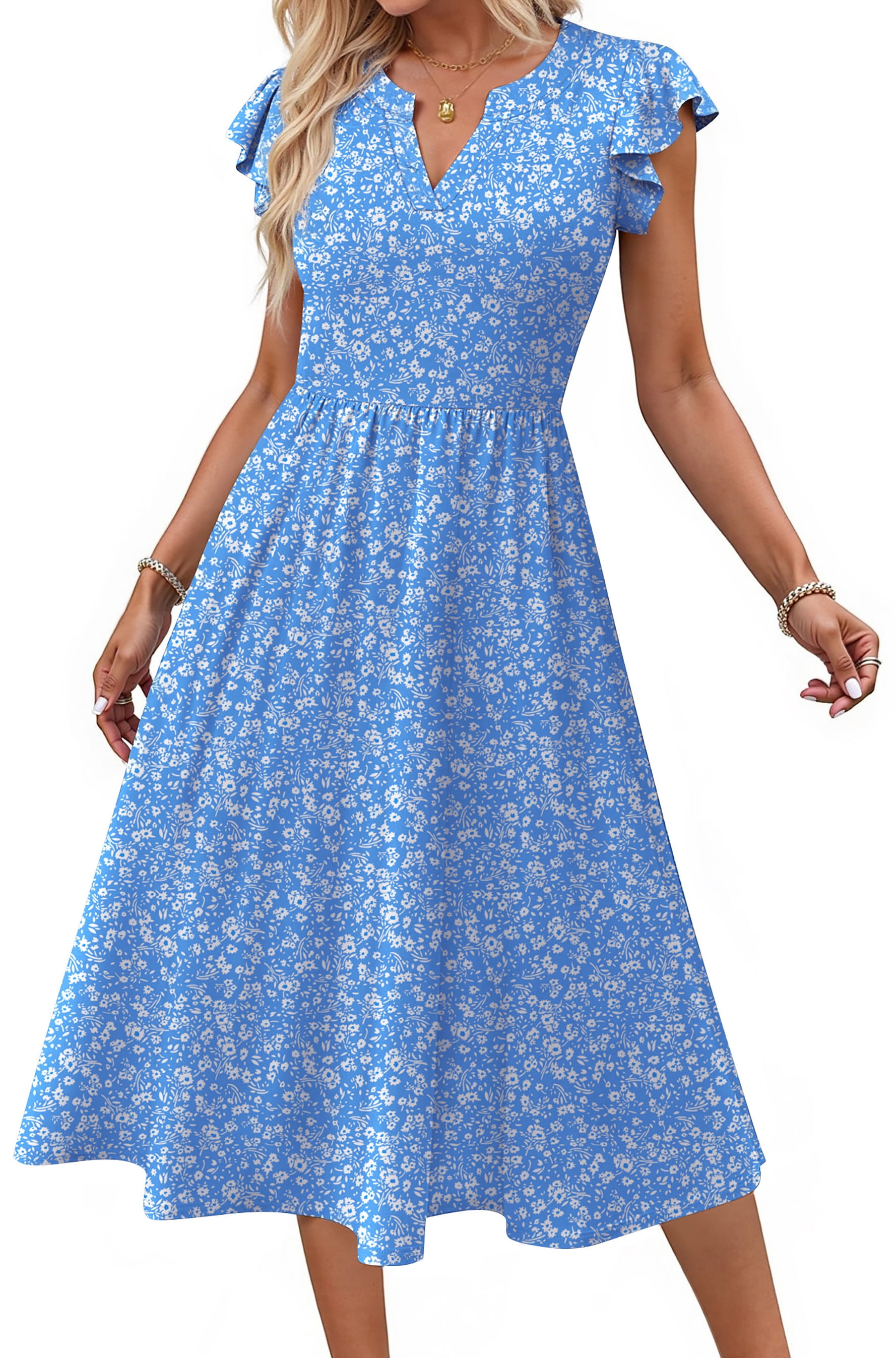 Summer Dresses for Women Ruffle Sleeve V Neck Midi Dresses Fashion Casual Flowy Vacation Sundress