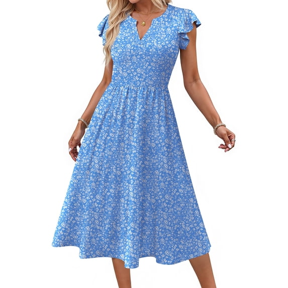 Fantaslook Summer Dresses for Women Ruffle Sleeve V Neck Midi Dresses Fashion Casual Flowy Vacation Sundress