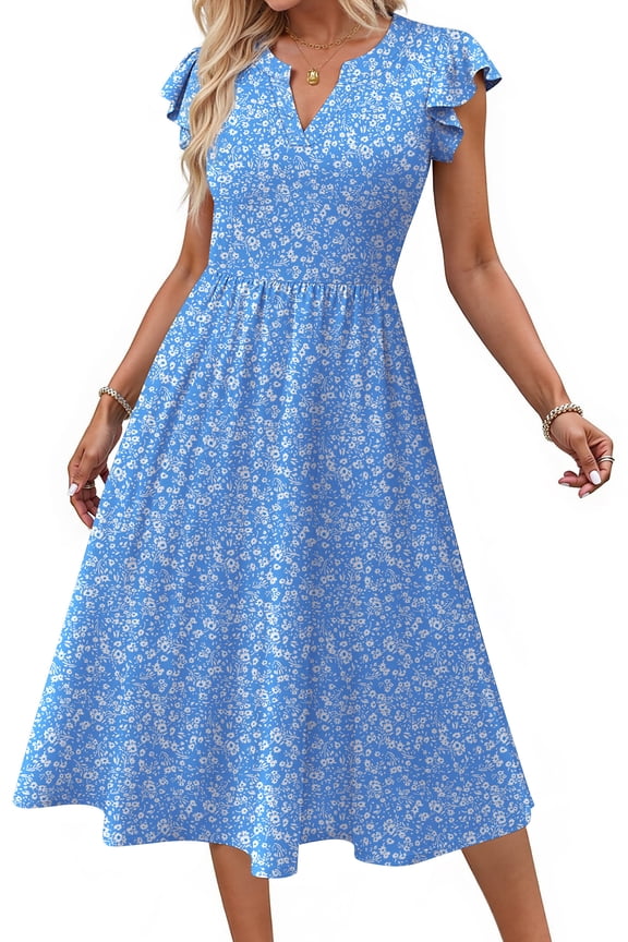 Summer Dresses for Women Ruffle Sleeve V Neck Midi Dresses Fashion Casual Flowy Vacation Sundress