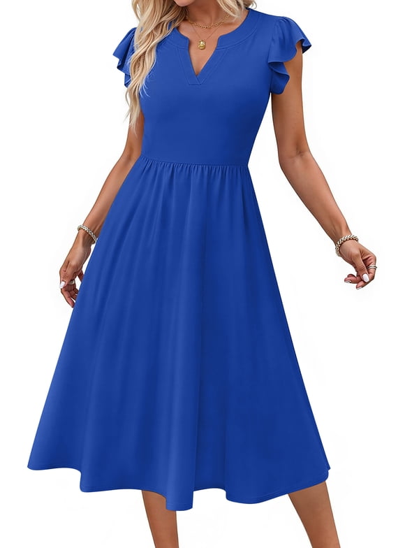 Summer Dresses for Women Ruffle Sleeve V Neck Midi Dresses Fashion Casual Flowy Vacation Sundress