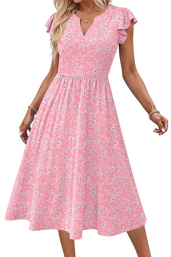 Summer Dresses for Women Ruffle Sleeve V Neck Midi Dresses Fashion Casual Flowy Vacation Sundress