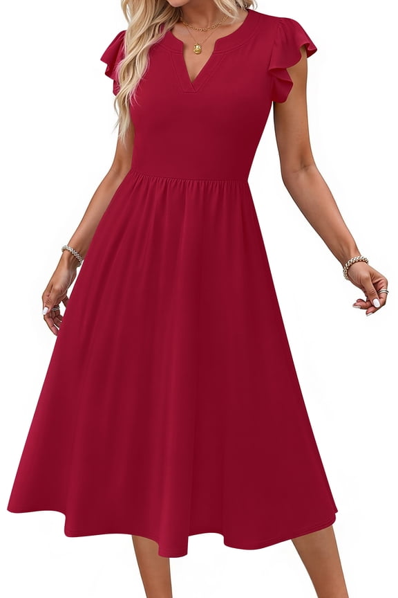 Summer Dresses for Women Ruffle Sleeve V Neck Midi Dresses Fashion Casual Flowy Vacation Sundress