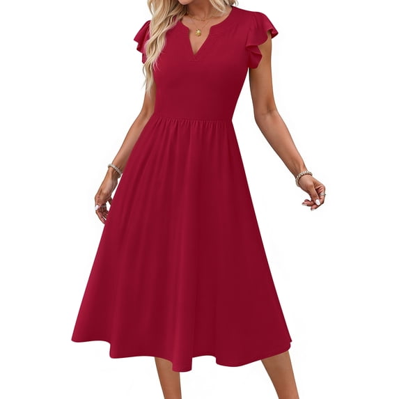 Fantaslook Summer Dresses for Women Ruffle Sleeve V Neck Midi Dresses Fashion Casual Flowy Vacation Sundress
